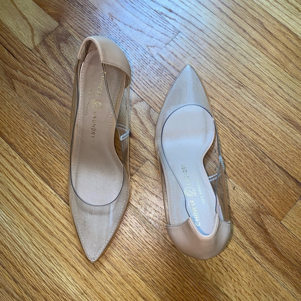 Chinese Laundry Womens Nude Leather & Clear Plastic Vinyl Heels Size 8